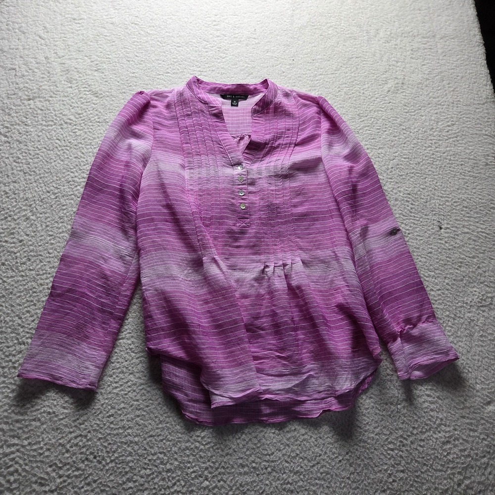 Zac & Rachel Blouse Womens M Pink Henley Long Roll Tab Sleeve Stripe Tunic Top